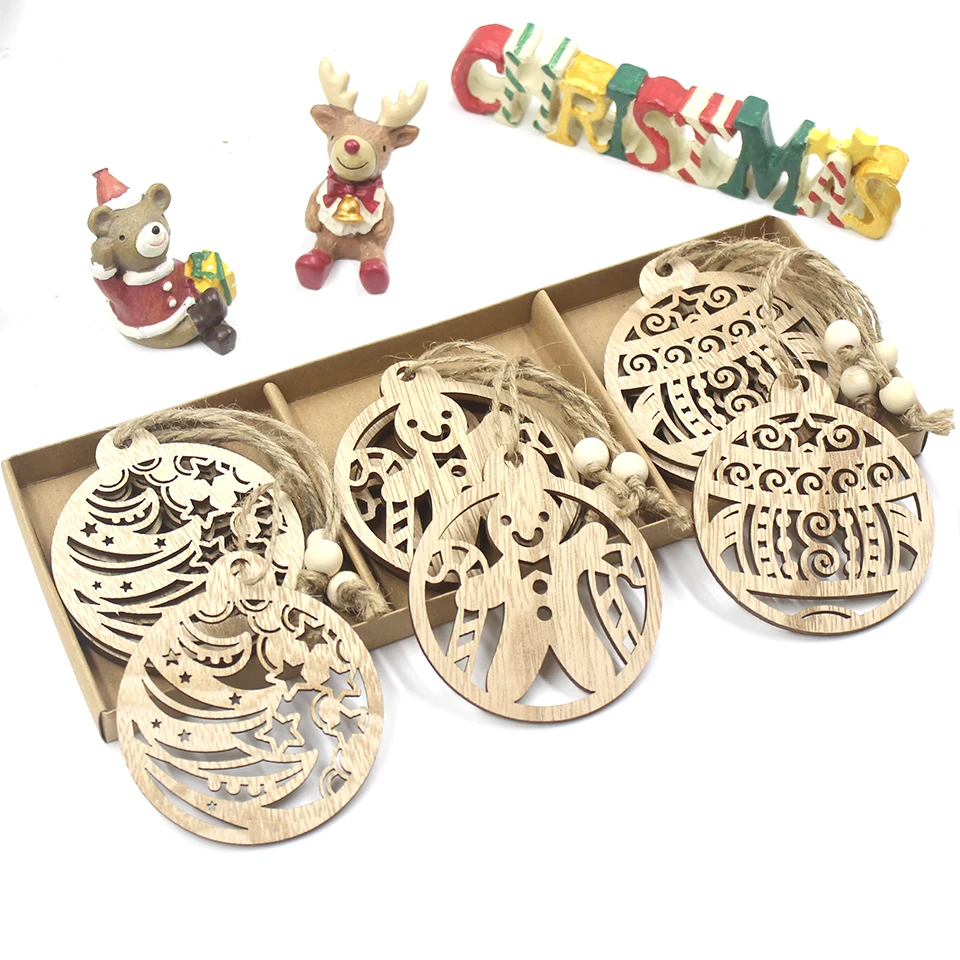 12PCS/Box Vintage Hollow Christmas Wooden Pendants  Xmas Tree Ornament DIY Wood Crafts Kids Gift for Home Xmas Party Decorations