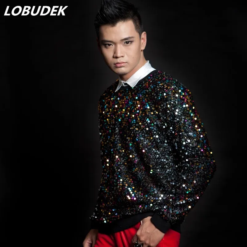 

Bar Nightclub Male Singer T-shirts Stage Costume Multi-color Sequins Long Sleeve T-shirt Loose Casual Fashion Show Dance Clothes