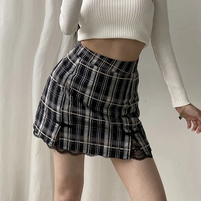 

Women Plaid Empire A-Line Skirt Vintge Lace Lady High Waist Mini Skirts Sweet Kawaii Female Above Knee Skirt Harajuku