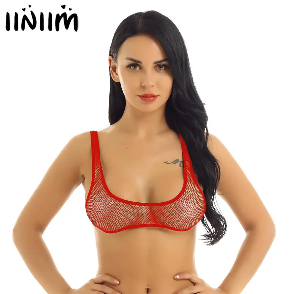 

Womens Lingerie Exotic Bra Sissy Femme Underwear See Through Fishnet Hollow Out Wide Shoulder Straps U-neckline Vest Crop Top