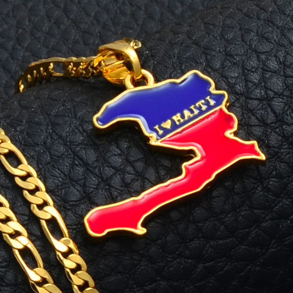 Anniyo Haiti Map With Flag Pendants Necklaces for Men Ayiti  Jewelry Gold Plated #116006