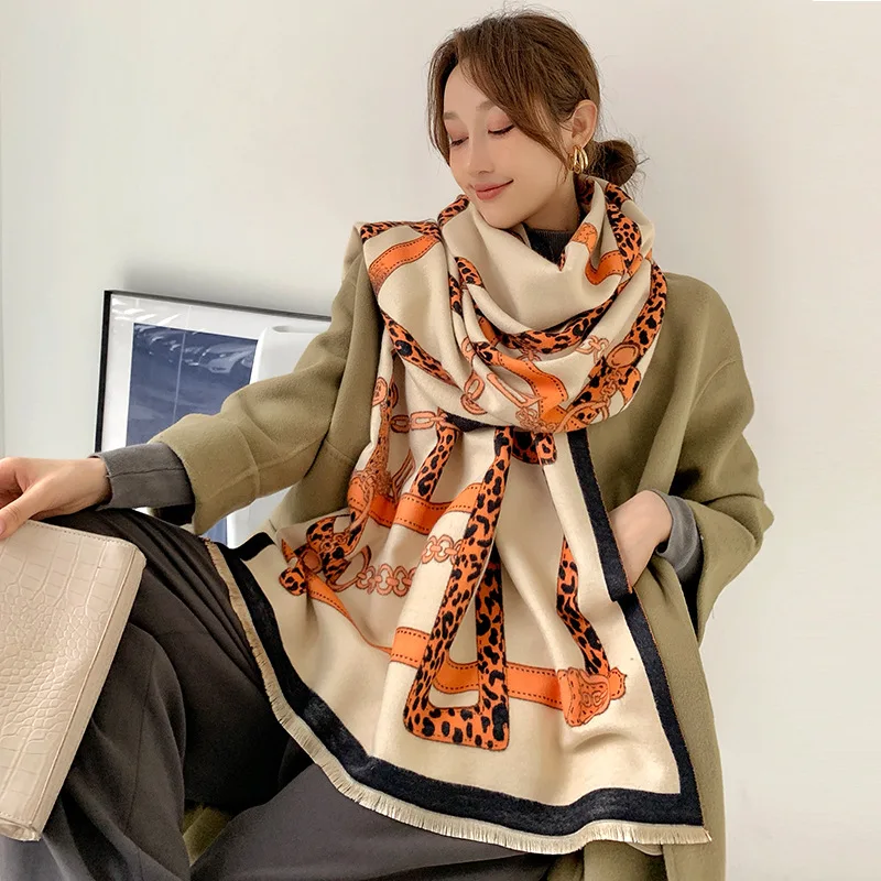 KOI LEAPING European and American style ladies fashion popular chain pattern printing cashmere shawl warm scarf best gift