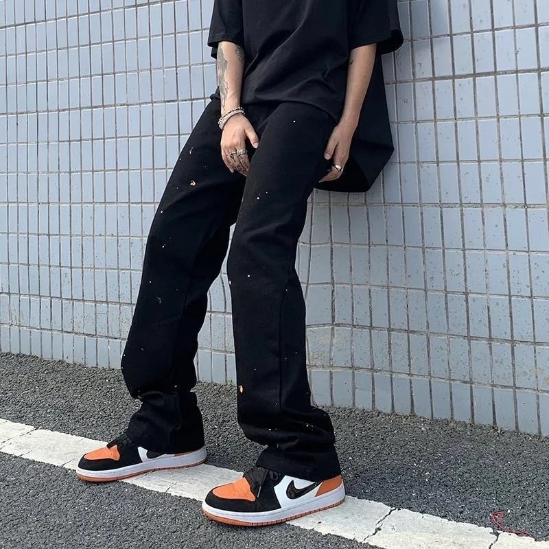ICCLEK Spring and Autumn High Street Jeans Splashed Ink Jeans Men's Straight Pants Loose Casual Pants Men Fashion  Punk Pants