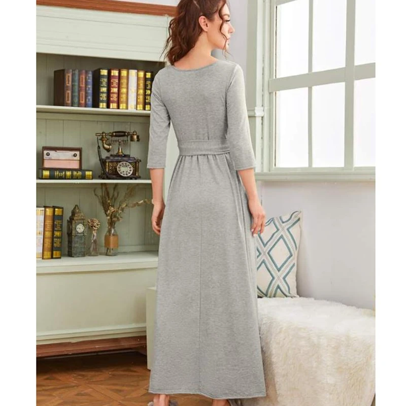 пижама autumn/winter dress women's hot sale solid color super long lace round neck nightdress can wear outside sexy nightgown