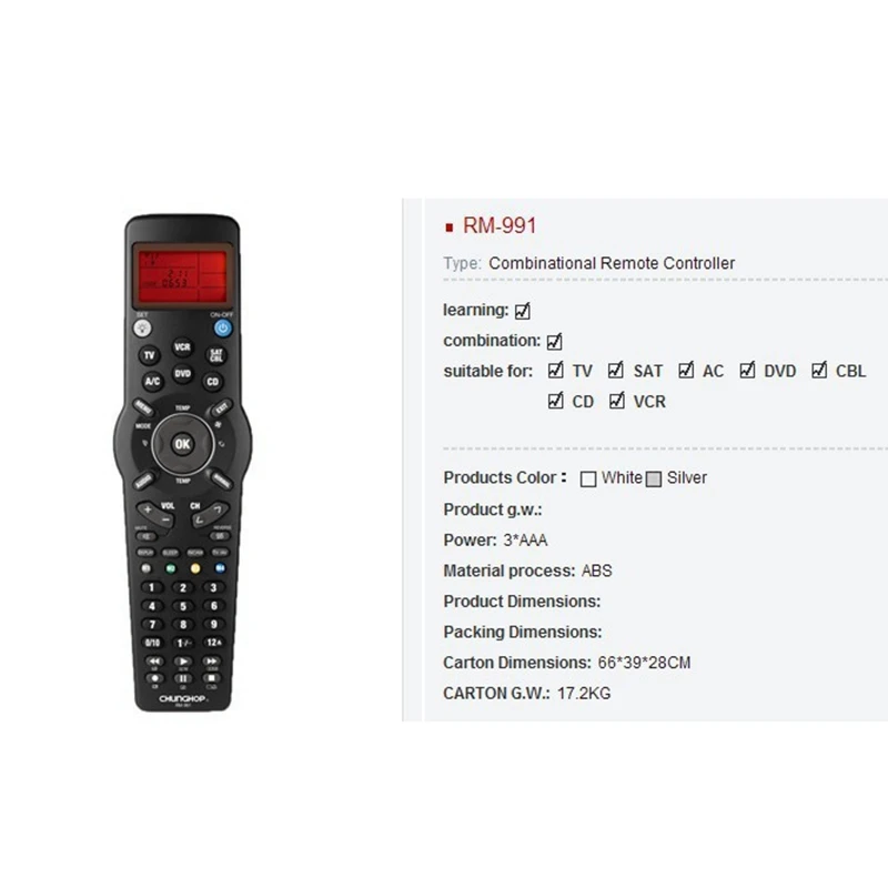 New CHUNGHOP RM991 Smart Universal Remote Control Multifunctional Learning Remote Control for TV/TXT,DVD CD,VCR,SAT/CABLE and A/