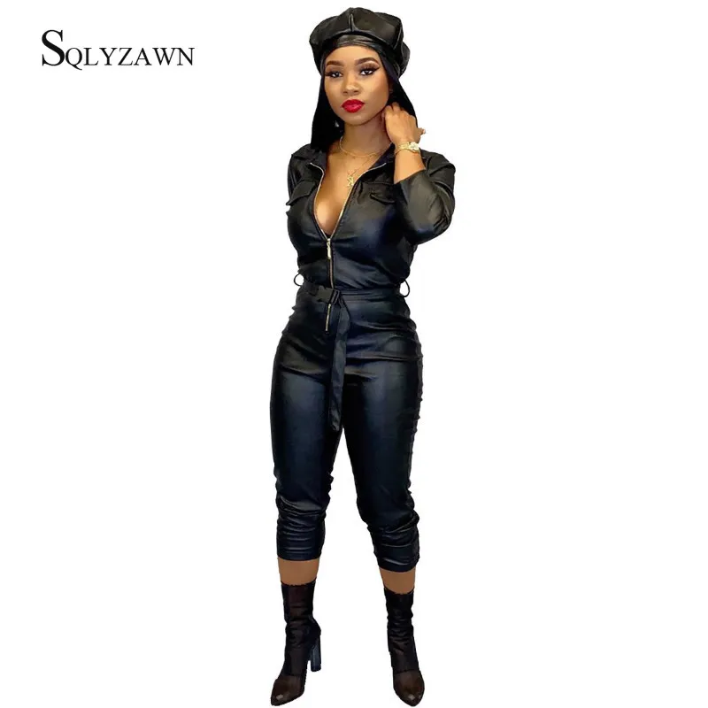 Sexy PU Leather Long Sleeve Jumpsuit Women Fall Winter Gothic Bandage Belt Overall Plus Size Streetwear Bodycon Black Rompers