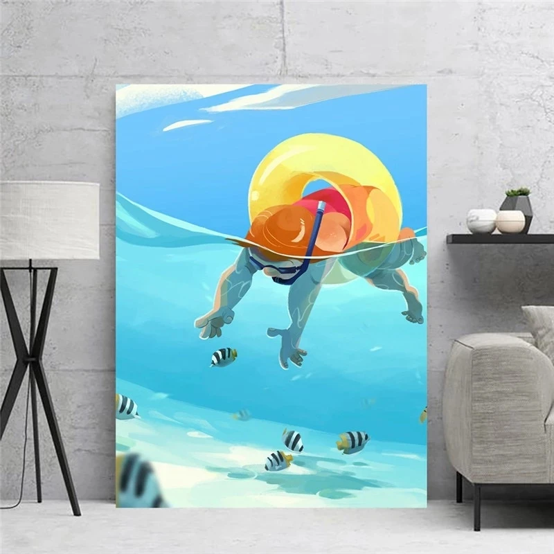 Canvas Wall Art Para El Hogar Printmaking Poster Home Decor Cartoon Fish Swimming Man Painting Modular Picture For Bedroom Witho