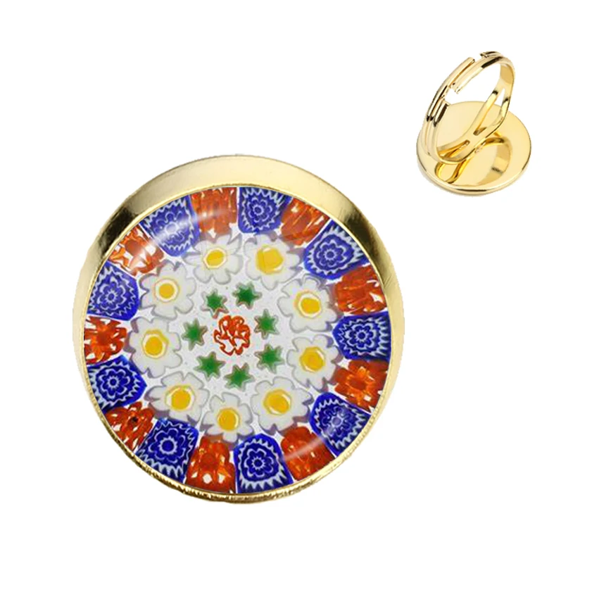 Murano Millefiori Ajustable Rings MultiColour Flower 16mm Glass Cabochon Ring Jewelry For Women Men Gift Wholesale