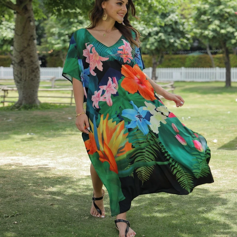 

Tropical Green Kaftan Women Maxi Dress Pulmeria Flower On The Tree Vivid Hawaii Holiday Vibe Luxe Colorful Oversize Long Tunic