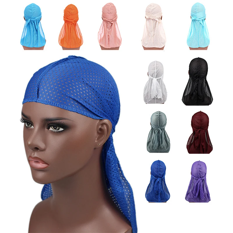 Unisex Hip-Hop Mesh Durags HipHop Breathable Hat Elastic Headwear Hollow Doo Rag Long Tail Women Hair Accessoires Men Chemo Cap