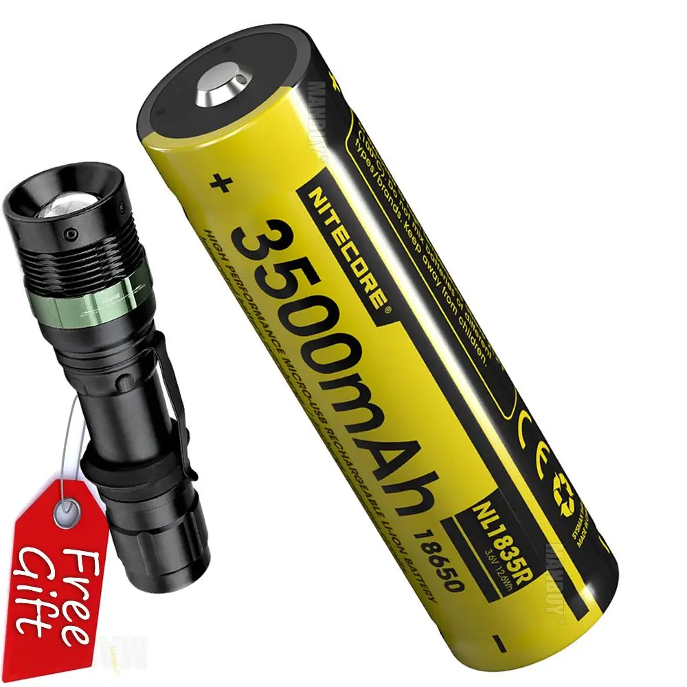 NITECORE 3500mAh High Performance Rechargeable Li-ion Battery Button Top 18650 Protected  NL1835R +USB Cable + Flashlight