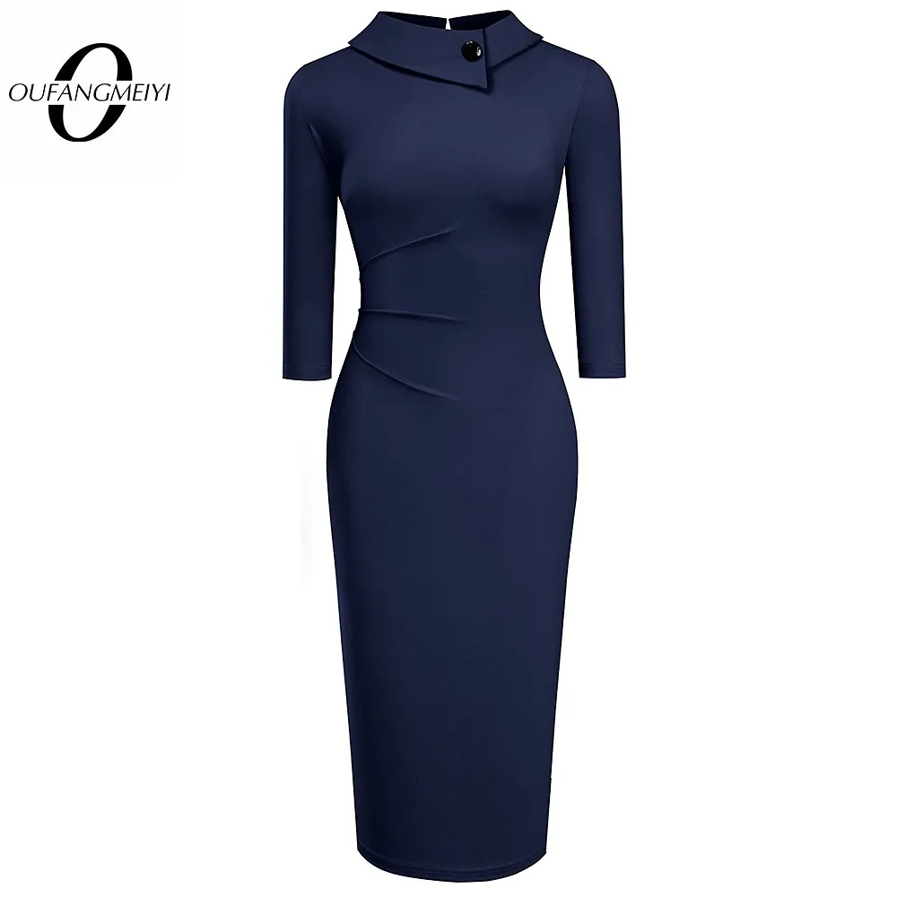 

Women Solid Color Chic Button Slim Elegant Business Classic Wear to Work Office Bodycon Pencil Dress EB574