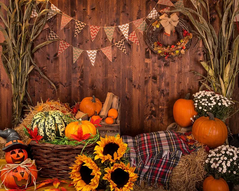 كابيسكو هالوين التصوير خلفية أرضية خشبية خلفية القرع عباد الشمس الطفل الشكر حفلة صور استوديو الدعائم