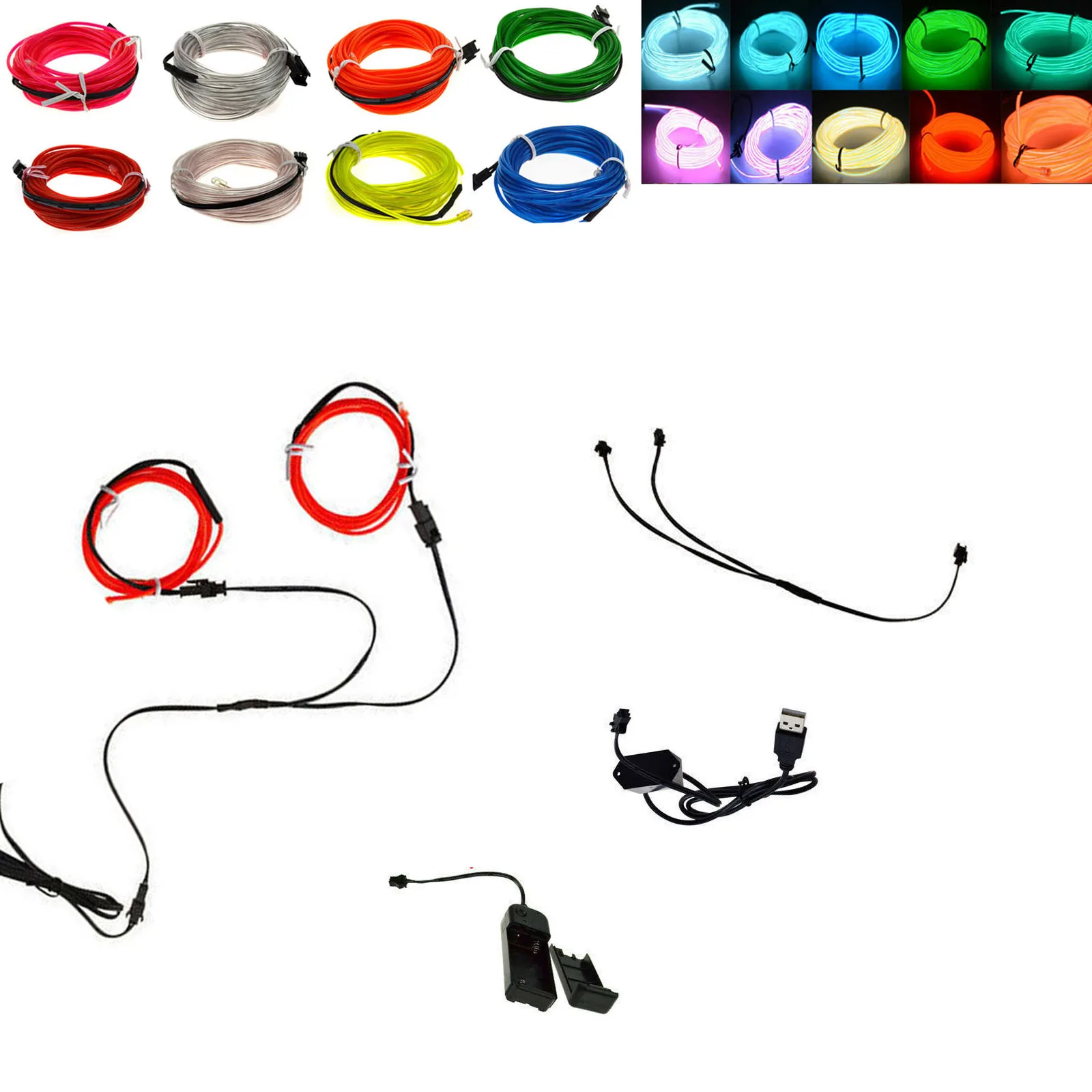 

EL Wire 1M Neon Light Dance Glow String 5 Driven By 1 2x1M + Controller + Inverter 3V/12V/Sound Activated/USB/Car Cigarette