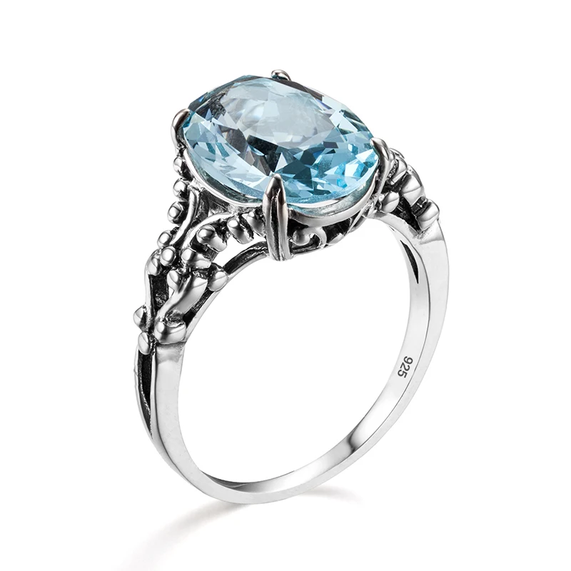 Echte 925er-Sterlingsilber-Damenringe, edler Schmuck, Aquamarin-Ring, neogotische ovale Form, Edelsteine, Eheringe, Schmuckgeschenk – Detail 1