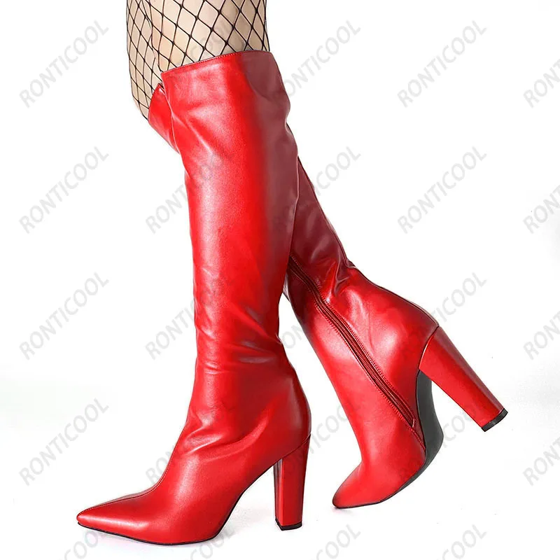 Ronticool New Women Winter Knee Boots Side Zipper Block Heels Pointed Toe Elegant Black White Office Shoes Plus US Size 5-15