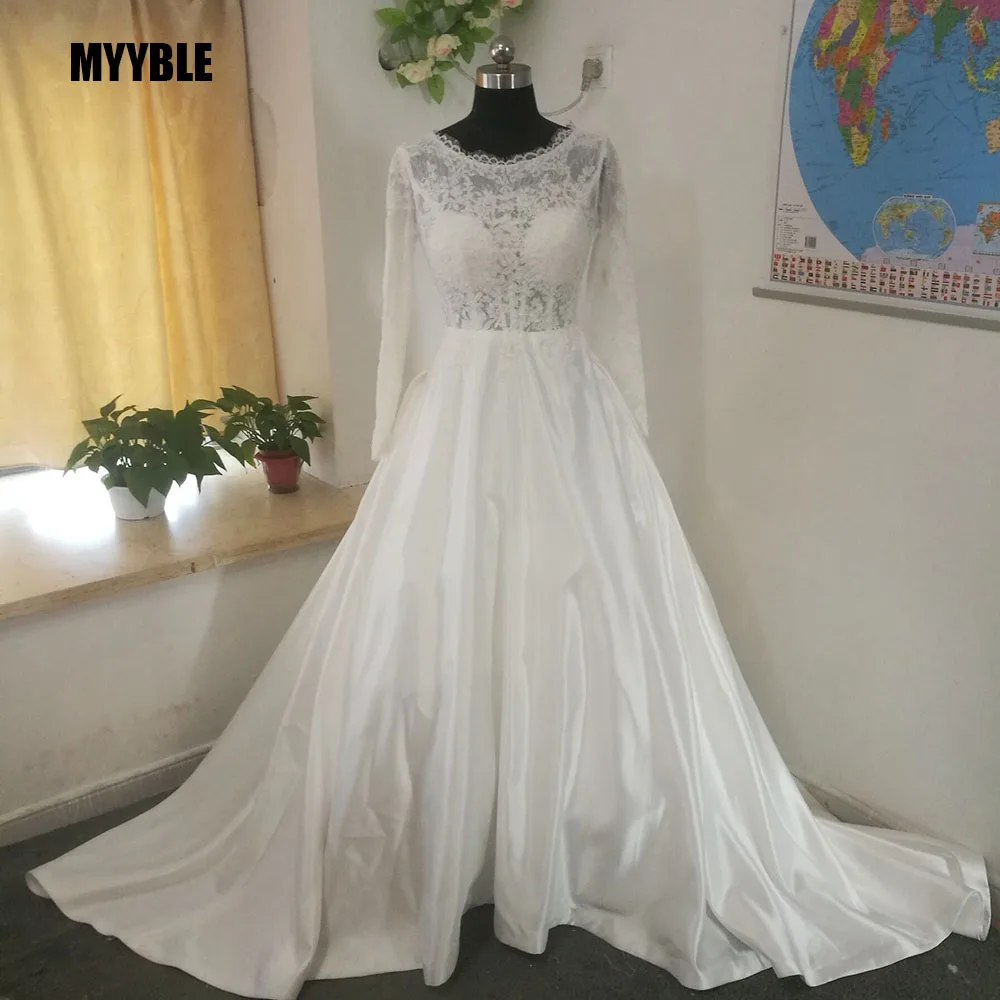 

MYYBLE Physical pictures Long Sleeve Stain Wedding Dresses Bride A-Line wedding gown Lace Vestido de Noiva Casamento cheap