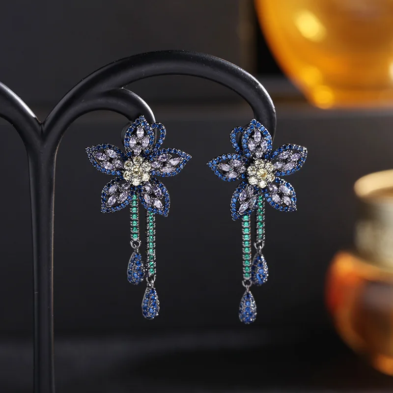 Bilincolor Fashion Cubic Zirconia Purple Blue Flower Tassel Drop Earrings for Women