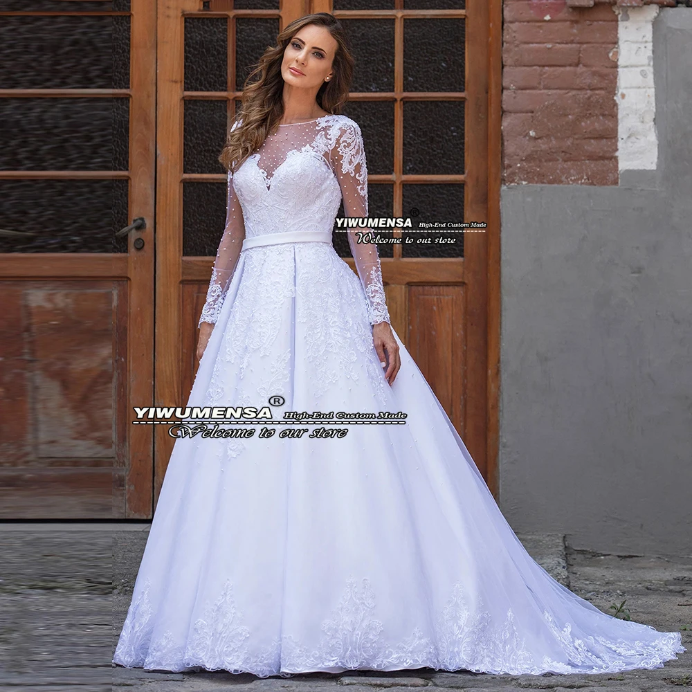 Luxo branco a linha vestidos de noiva plus size pérolas apliques mangas completas vestidos de noiva trem varredura chique