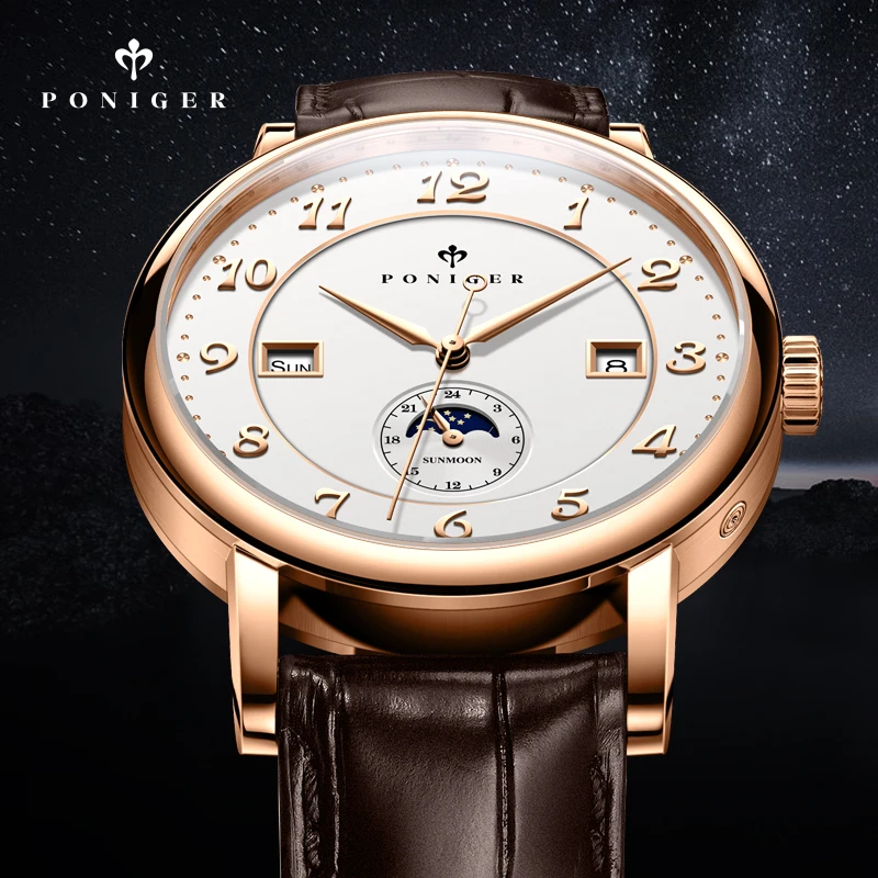 Switzerland Luxury Brand PONIGER Japan Automatic Mechanical Men‘s Watches Sapphire Multi-function 50M Waterproof Moon Phase P915