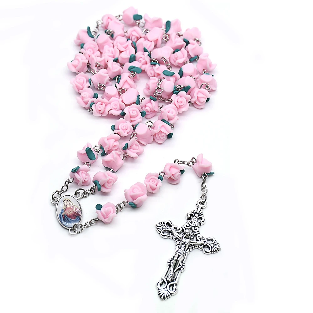 QIGO Christ Jewelry Red Polymer Clay Rose Cross Rosary Necklace Long Religious Prayer Jewelry For Men Women