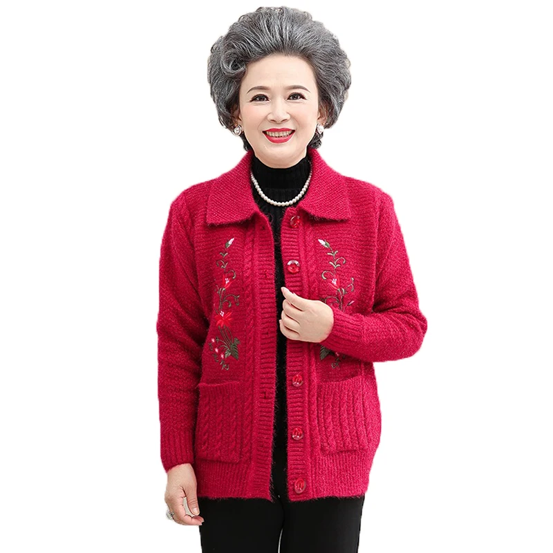 

2022 elderly autumn Winter Women sweater cardigan mother loaded sweater jacket Female Add cashmere Thicken Button Knit Cardigan