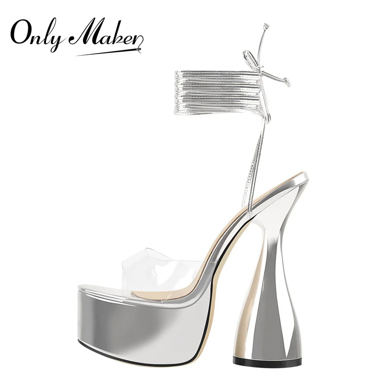 Onlymaker Women Summer Sandals Platform Silver Ankle Strap Spike Heels PVC Female Big Size Handmade Female Sandals