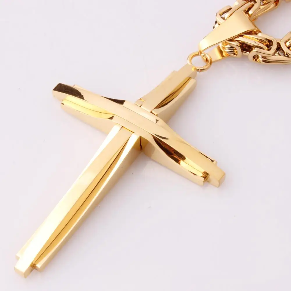 Cool Cross Gold Color Necklaces Men Women Pendant Stainless Steel With 5MM Byzantine Chain Christian Crucifix Jewelry