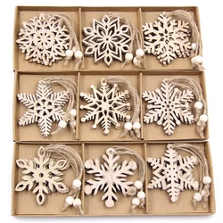 12PCS/Box Wooden Hollow Snowflake Christmas Vintage Pendants Xmas Hanging Ornaments for Noel Tree Decorations DIY Painting Gifts