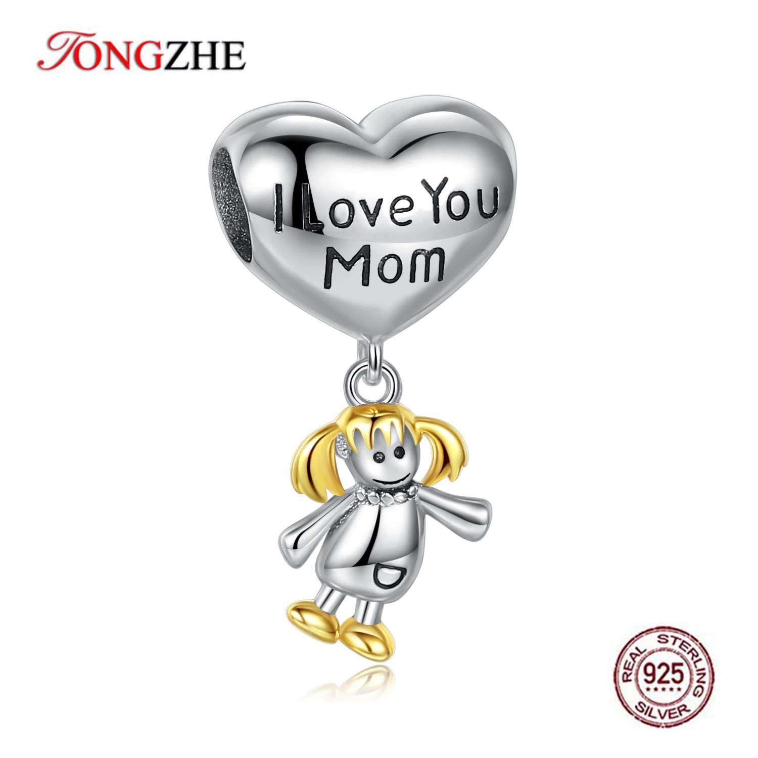 TONGZHE Trendy 925 Sterling Silver Pendant Lovely Child Girl Charms for Jewelry Making Letter I Love Mom Fit Bracelet