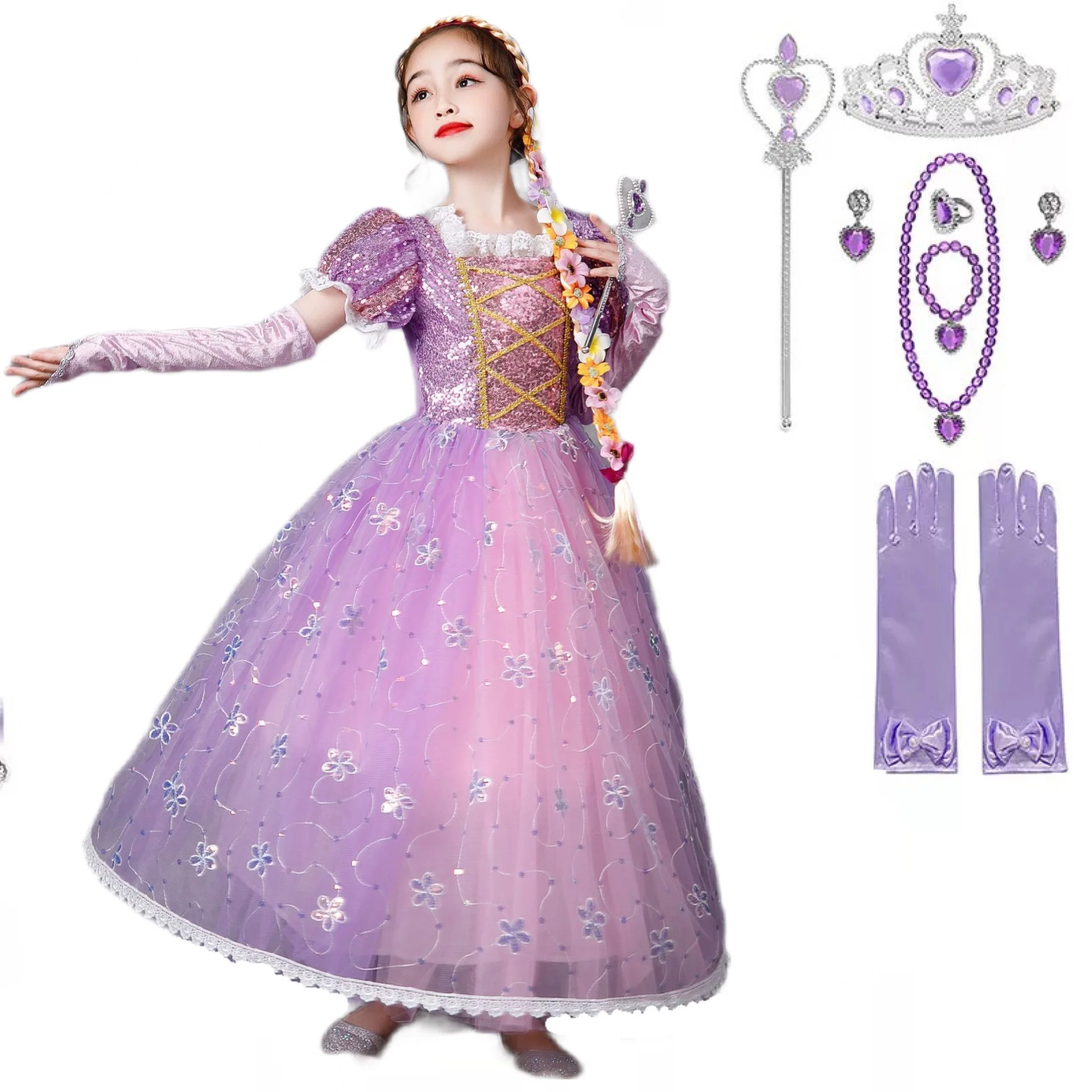 

Long Hair Princess Rapunzel Christmas Halloween Tangled Costume Kids Birthday Lace Sequins Girls Sofiaa Dress Up