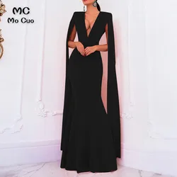 Elegant Black Mermaid Evening Dress Long Prom Gown V-Neck Elastic Satin Zipper Back Formal Evening Dresses