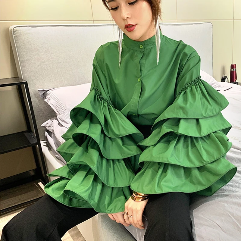 VGH Casual Patchwork Ruffles Women Shirts Stand Collar Lantern Long Sleeve Loose Blouses Female 2024 Summer Fashion Clothes New