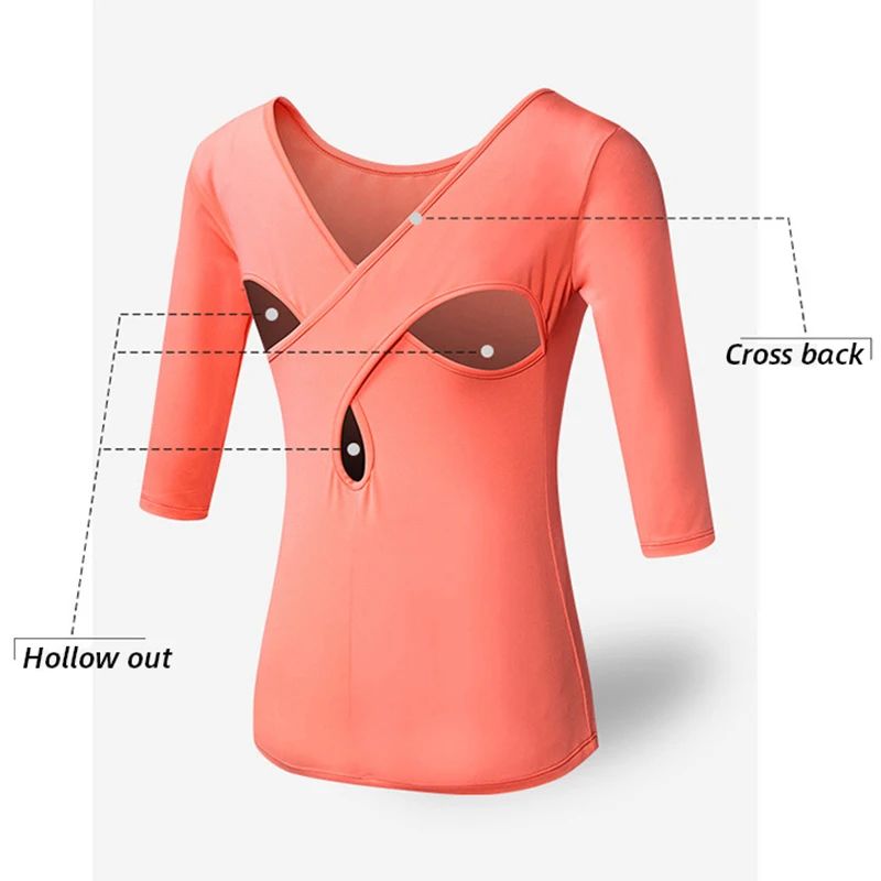 Summer Women 3/4 Sleeve Running T-Shirt Quick Dry Elastic Yoga Shirts Sexy Cross Back Slim Fit Gym Fitness Sports Tops Customize