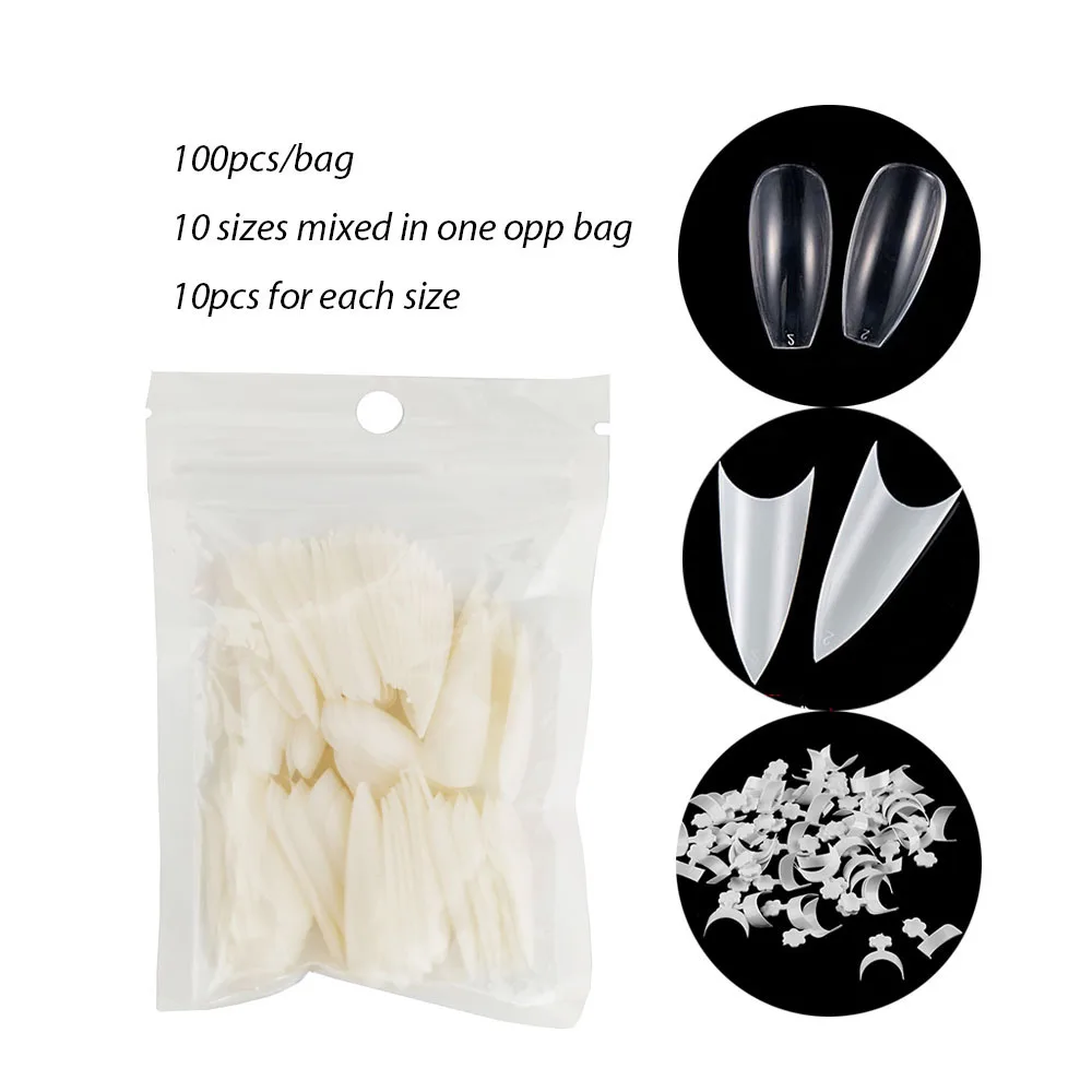 100 Pcs/Bag Long Ballerina Nails Clear Coffin French Fake Nails Tips ABS Full/Half Cover Pointed False Nails