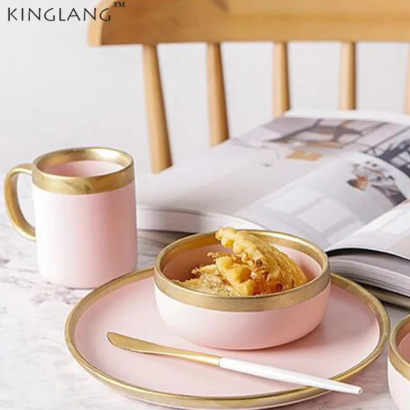 LingAo-Electroplated Ceramic Bowl, Pink Tableware Plate, Ramen Bowl