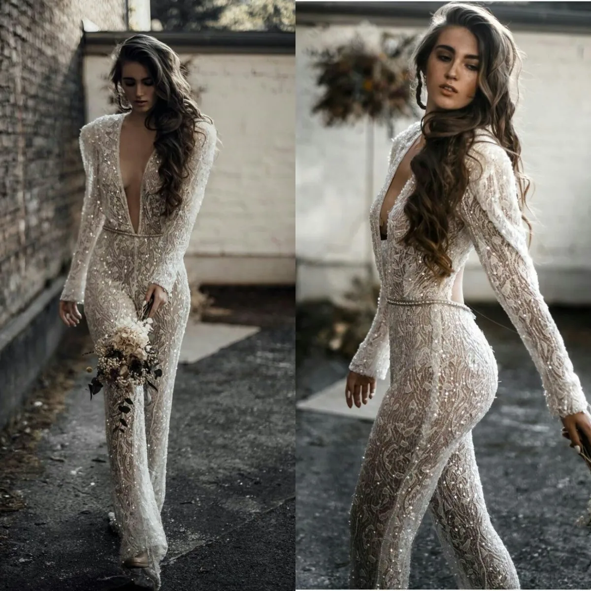 

Bohemian 2024 Jumpsuits Wedding Dresses Lace Appliqued Bridal Gowns Deep V Neck Beaded Crystal Boho Robes De Mariée