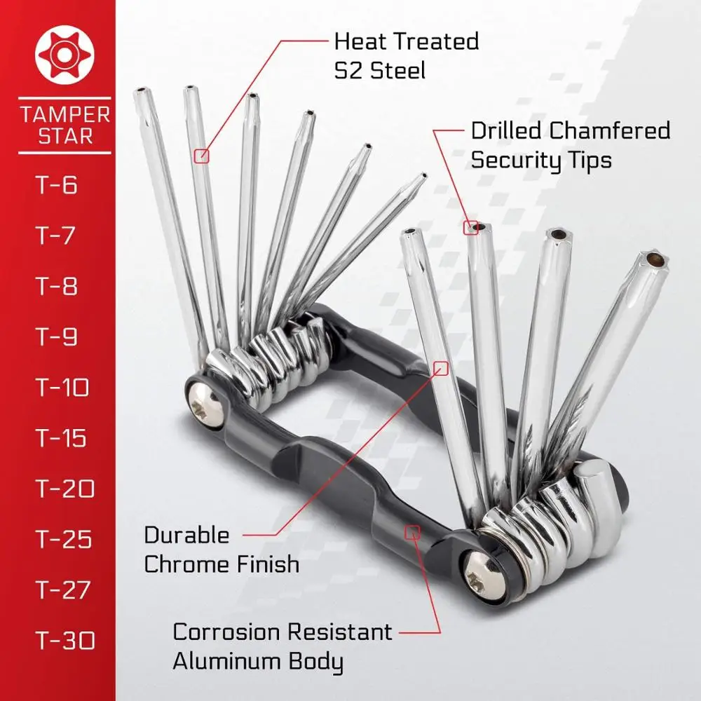 8 Stuk Metrische Inch Vouwen Sabotage Ster Moersleutel Set, T-6 Om T-30 | S2 Staal, torx Inbussleutel Set Platte Kop Vouwen Inbussleutel