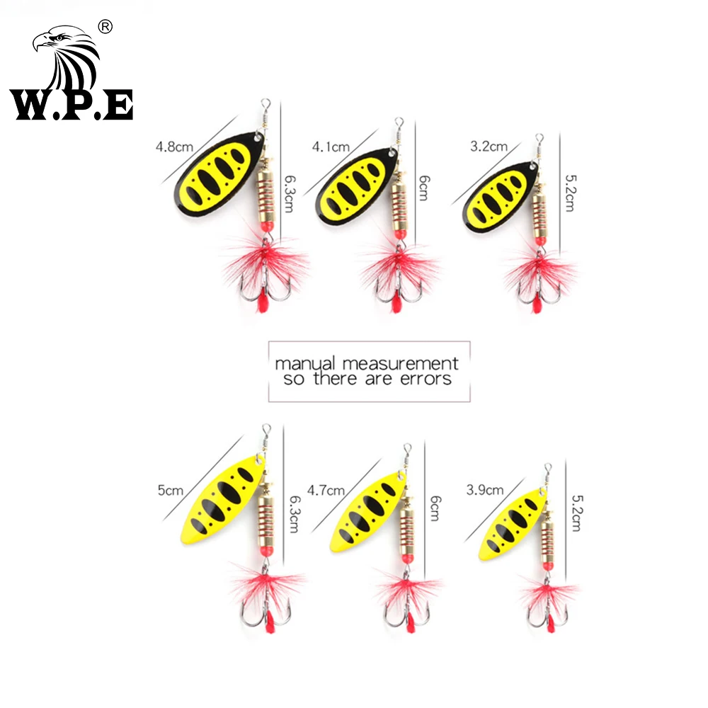 W.P.E-señuelo giratorio duro, 1 unidad, 6,5g/10g/13,5g, señuelo de cuchara de Metal, anzuelo triple de plumas, aparejos de Pesca de lubina