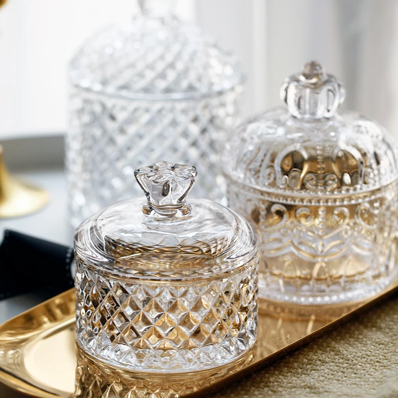 Crystal Roman Glass Jar Exquisite Embossed Small Candy Jar Wedding Festive Makeup Jewelry Storage Storage Jar Home Decoration