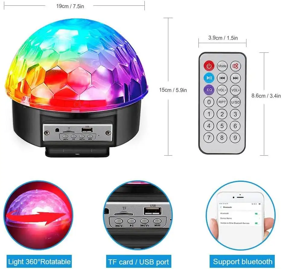 Wireless Disco Ball Party Lights Bluetooth Speaker 9 Colors TF Card MP3 Player Sound Activated LED DJ Lamp Wedding Party Bar KTV