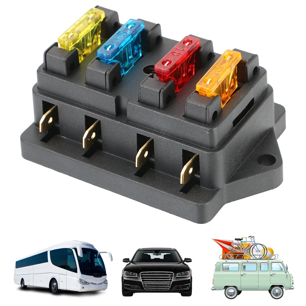 Block & Warning Indicator 4 Ways Blade Fuse Block 12V/24V+4 Way Fuse Fuse Box Holder Plastic Cover For Auto Car Marine Trike