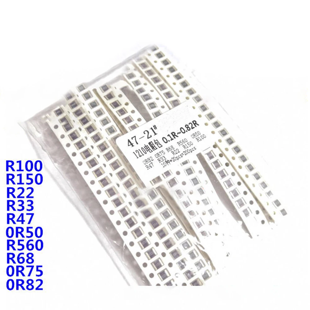 200 Stuks 5% 1210 Smd Weerstanden Diverse Kit Set, 10 ValueX20PCS = 200Pcs 0R82 0R75 R68 R560 0R50 R47 R33 R22 R150 R100