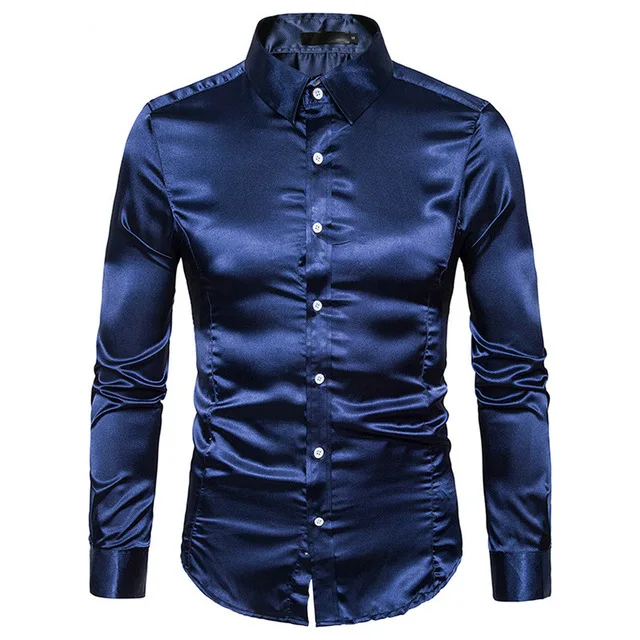 Men\'s Silk Shirt Long Sleeve Lapel Single Breasted Black Gold Satin Casual Slim Fit Social Formal Man Clothing