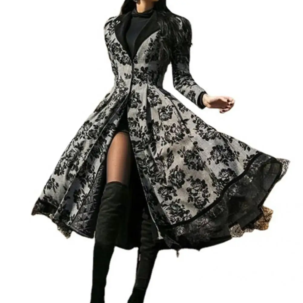 Chic Cosplay Women Dress Pleated Shoulder Fall Winter Vintage Dress  Floral Print Lapel Cosplay Dress Elegant Party