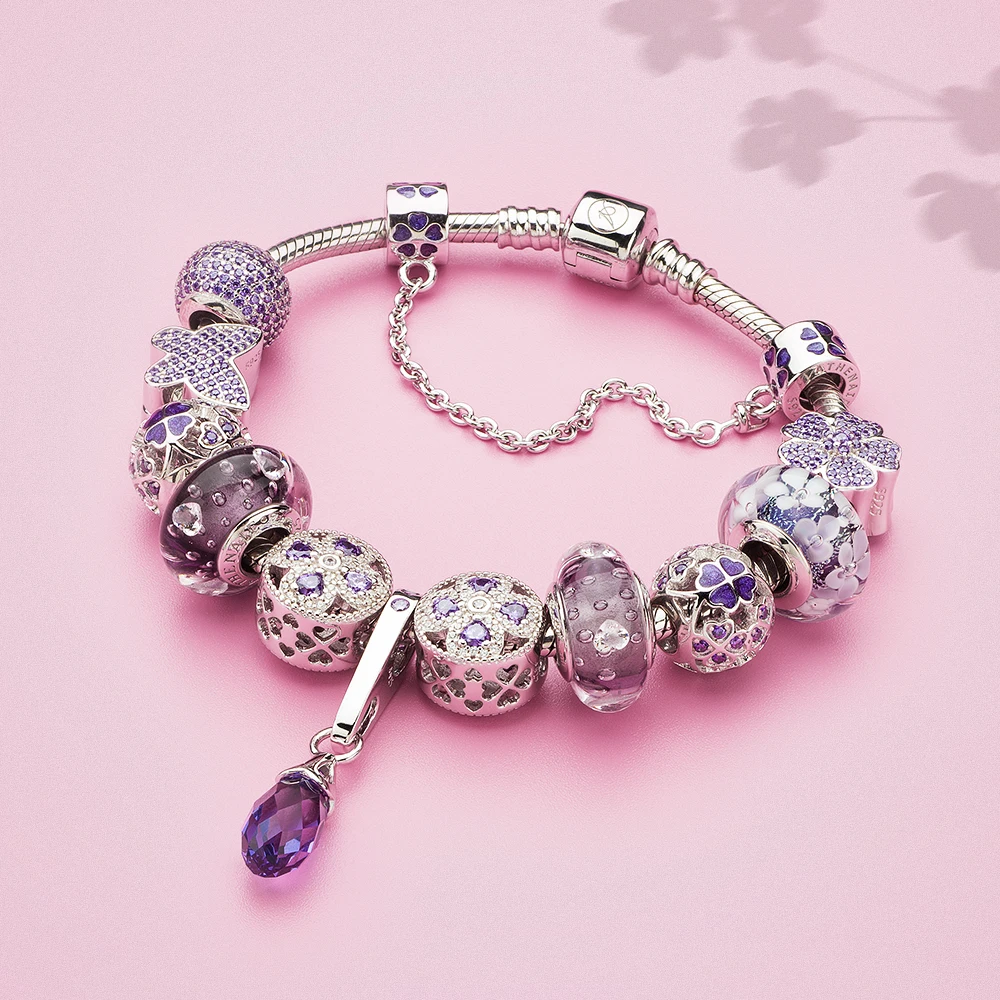 ATHENAIE Murano Glass 925 Silver Core Purple Flower Garden Bead Charms Color Purple Fit Bracelet for Girl Women Wedding Jewelry