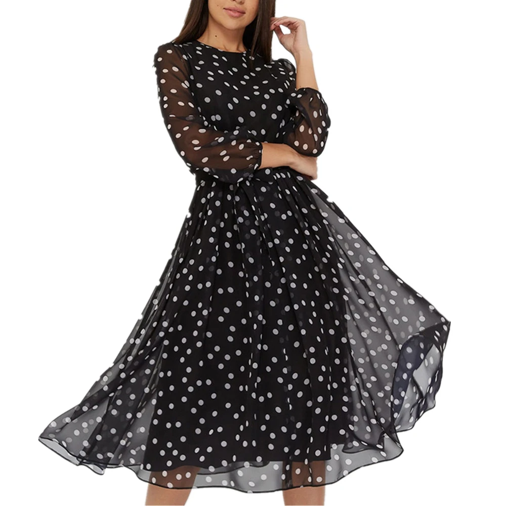 

Women Casual Simple Muslin Mid Dress Polka Dot Print Elegant O-Neck Lantern Sleeve Elastic Waist Shashes Slim A-Line Party Dress