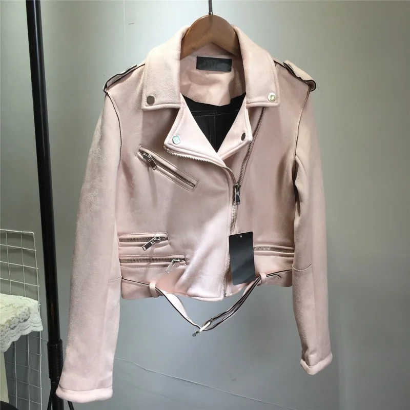 Motor Women Biker Suede Leather Jacket Belted Slim Fit Short Faux Suede Outwear Coat Ladies Colors Casual Punk Streetwear Jacket