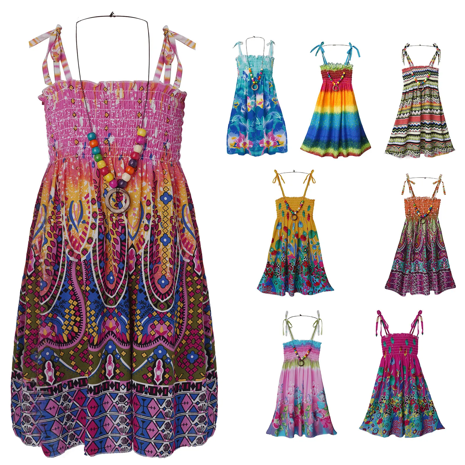 Vestidos bohemios de verano para niñas, vestido de tirantes sin mangas Floral con hombros descubiertos y collar, ropa para niños adolescentes