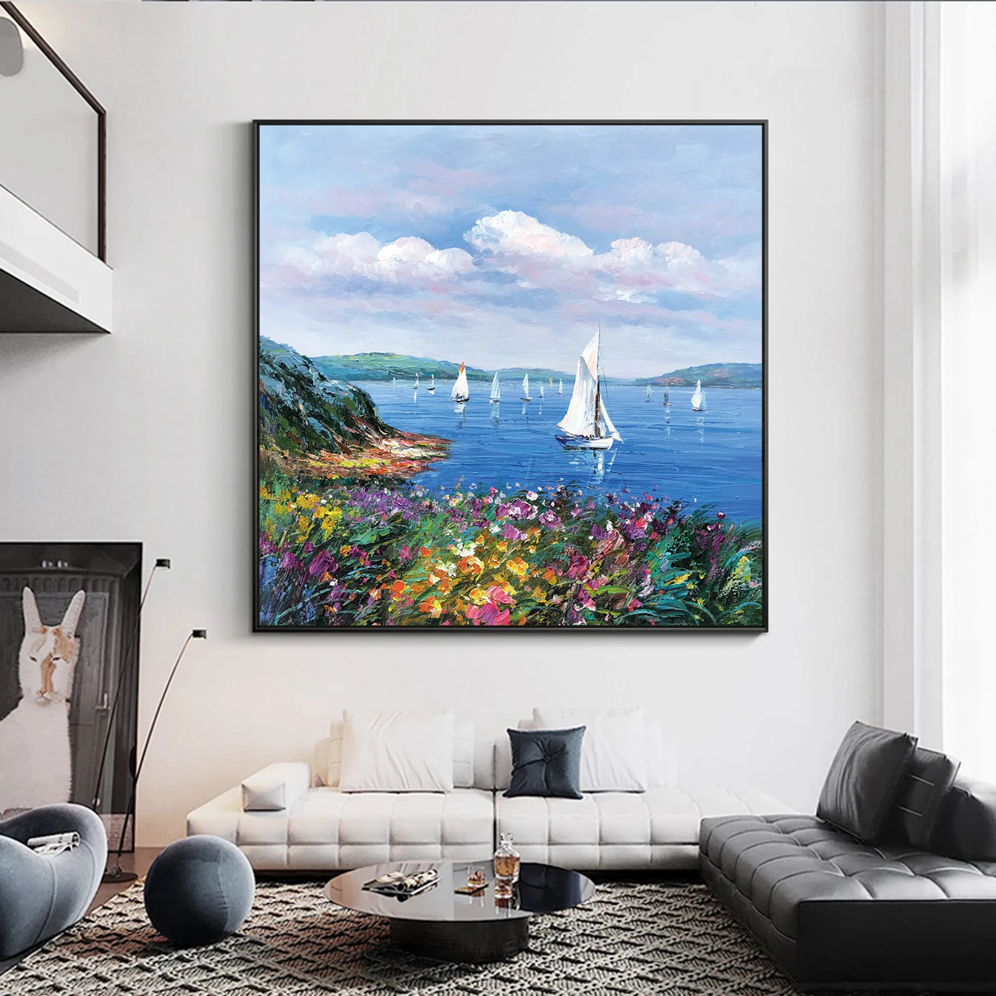 

Landscape Boat Sailing Canvas Oil Painting Modern Abstract Large Blue Wall Art Home Decor Picture for Living Room